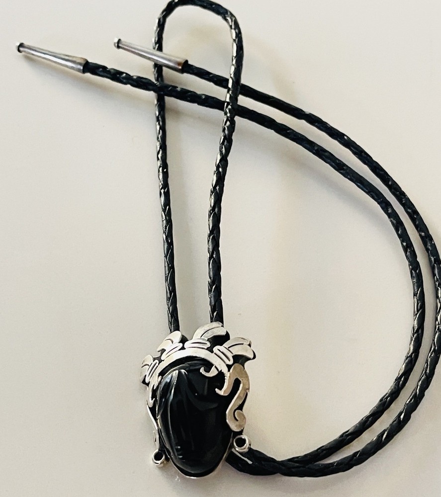 TAXCO CHEO 925 STERLING SILVER AZTEC BOLO BLACK ONYX? STONE LEATHER TIE SIGNED