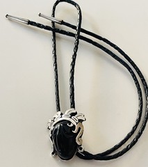 TAXCO CHEO 925 STERLING SILVER AZTEC BOLO BLACK ONYX? STONE LEATHER TIE SIGNED
