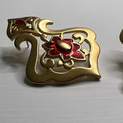 Vintage Ornate Openwork Stud Earrings Brushed Gold Tone & Red Enamel 1 3/4″