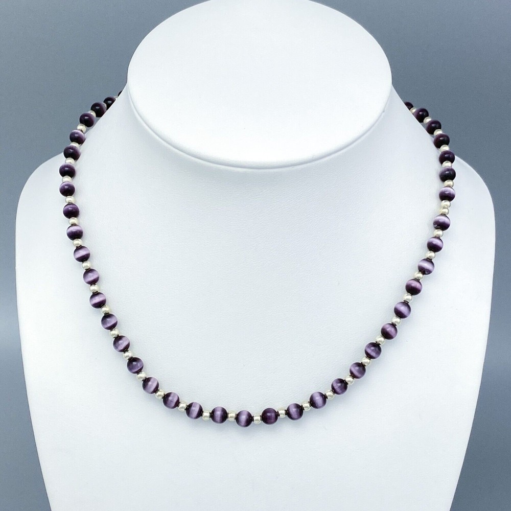 Beaded Purple Cat’s Eye Necklace | Sterling Silver 925 | 16″-17.5″