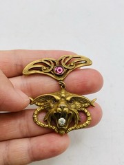Antique Vintage Art Nouveau Gothic Gargoyle Griffin Crystal Gold Tone Pendant
