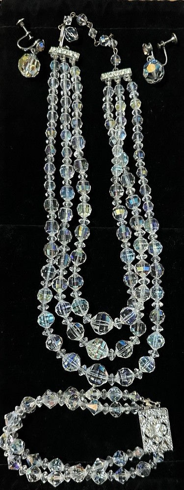 Vintage 1950s-1960s Aurora Borealis Necklace, Bracelet (choker?), & Earrings.