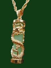 Oriental Faux Green Jade Dragon Pillar Necklace w/18” Gold Tone Curb Chain