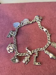 Vintage Sterling Charm Bracelet & 16 Unusual Sterling Silver Charms 7” L -25Gr
