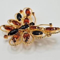 VINTAGE Black and Amber Glass Rhinestone Large Butterfly Brooch Pin Pendant