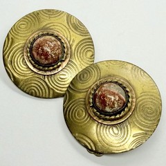 Vtg Big Modernist Mixed Metals Brown Stone Cabochon Statement Earrings Clip-on