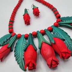 Vintage Red Rose Necklace & Earrings Set Carved Wood Look Folk Art 1960s