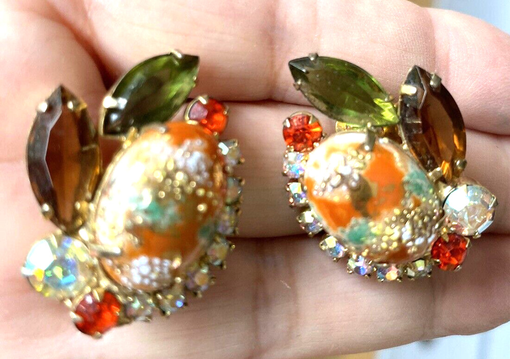 Fabulous Delizza & Elster for TARA Easter Egg Earrings Orange, Green, Brown AB