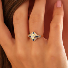 14k Yellow Gold Plated Tester Pass Moissanite & Sapphire Vintage Women’s Ring