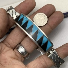 VTG Sterling Silver Turquoise Inlay TR-110 Mexico Hinged Link Bracelet