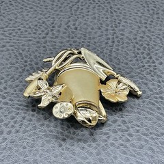 Vintage AJC Brooch Gardening Tools Flowers Watering Can Gold Tone 2 Inch Pin