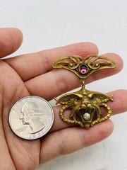 Antique Vintage Art Nouveau Gothic Gargoyle Griffin Crystal Gold Tone Pendant
