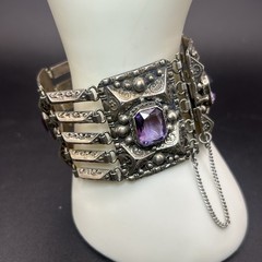 Vintage 800 Silver Amethyst Panel Link Bracelet 50.6g Safety Chain Antique Style
