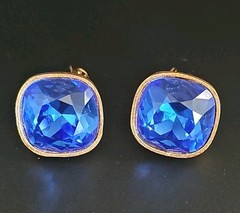 Vintage Mary Frost Crystal Royal Blue Gold Clip Earrings Statement Runway