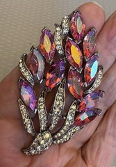 Weiss Signed Vintage AB Hot Pink Marquise Rhinestone Spray Brooch Silvertone 3″