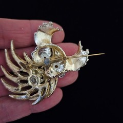 Great Horned Owl Brooch Costume Pin Red Green Rhinestones Tail Moves Vintage