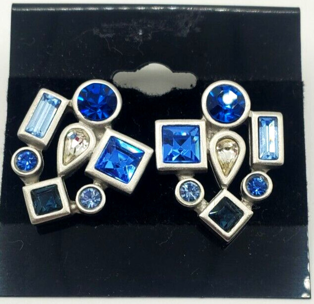 Monet Large Art Deco Silver Tone Colorful Earrings Blue Light Blue Modern Art
