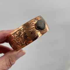 Vintage Copper Cuff Bracelet Etched Tribal Symbol Stone Cabochon Artisan Boho