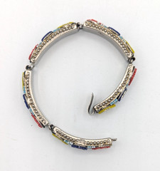 Vintage Micro Mosaic Link Bracelet Multi Color Floral Silver Tone 5 Panel