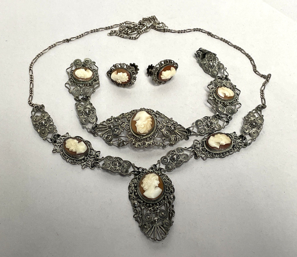 Vintage 800 Silver Filigree Cameo Parure Necklace, Earrings, and Bracelet Set