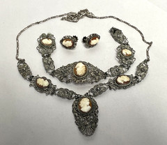 Vintage 800 Silver Filigree Cameo Parure Necklace, Earrings, and Bracelet Set