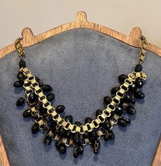 Vintage Old Book Chain Black Faceted Bead Charm Bib Festoon Layered Necklace 17”