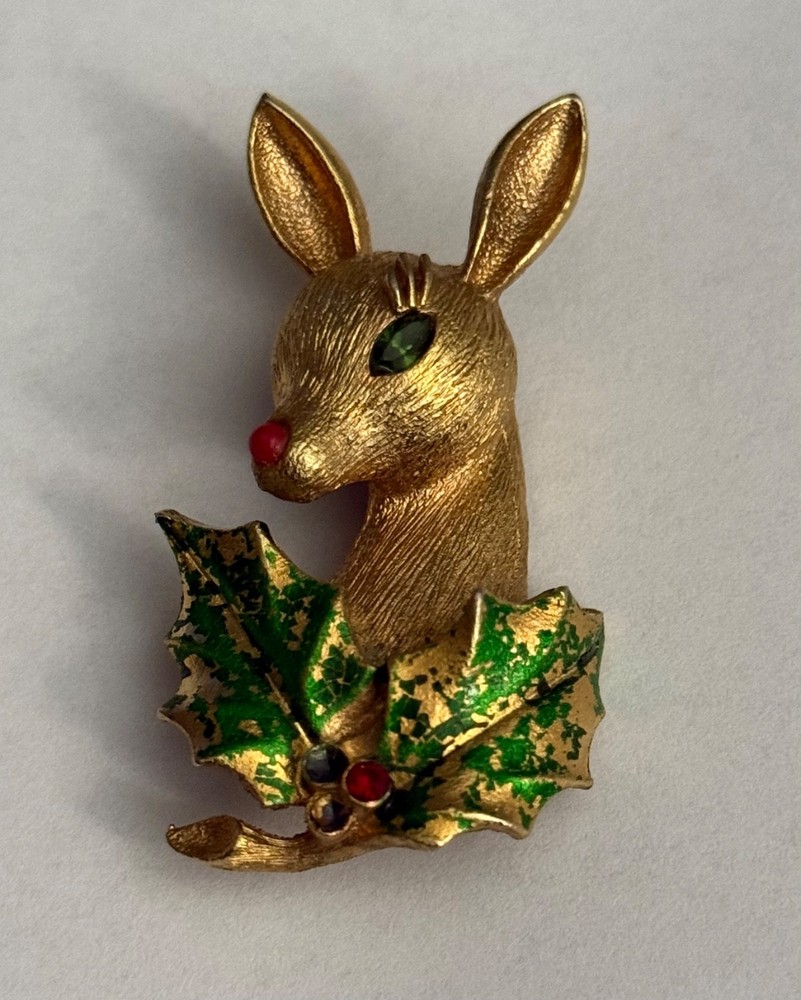 VINTAGE MYLU REINDEER CHRISTMAS PIN BROOCH WITH RHINESTONES
