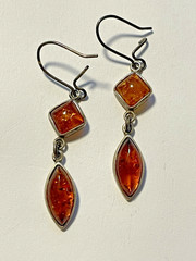 VTG Baltic Amber Diamond & Marquise Cut 925 Sterling Silver Hook Earrings (D195)