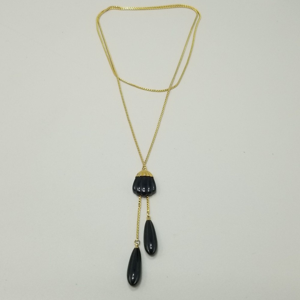 Vintage Trifari Black and Gold Tone Long Lariat Bolo Slide Chain Necklace