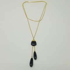 Vintage Trifari Black and Gold Tone Long Lariat Bolo Slide Chain Necklace