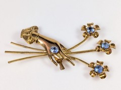 Vtg Ladies Hand Holding Flowers Brooch w Blue Crystal Rhinestones Floral Bouquet