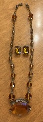 Vintage Czech Large Topaz Amber Faceted Crystal Bead Necklace Clip Earrings Set