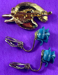 Vintage Artist Paint Palette Pin/Brooch and Purple Rose Earrings Clip jn