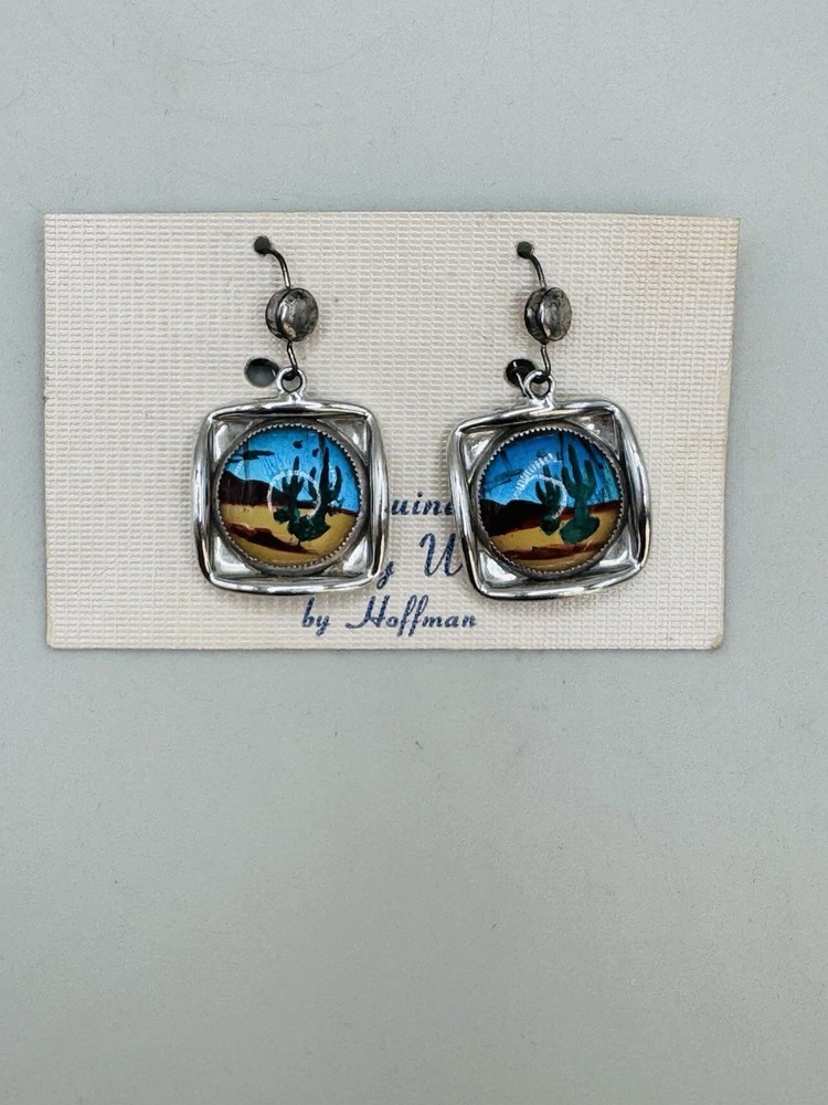 Vtg Butterfly Earrings With Western Cactus Desert Theme By Hoffman Silver