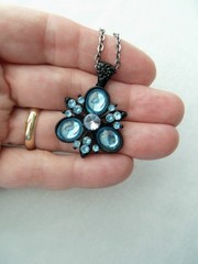 Vintage Sky Blue Rhinestone Cluster Black Enamel Pendant Necklace