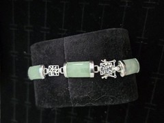 VTG 80s 14kp Green Nephrite Jade Jadite Panel Bracelet Asian Light Green Silver