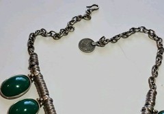 Vintage Old Pawn Necklace w 1″ Green Stones, Hand Made Coin Silver Settings 18″