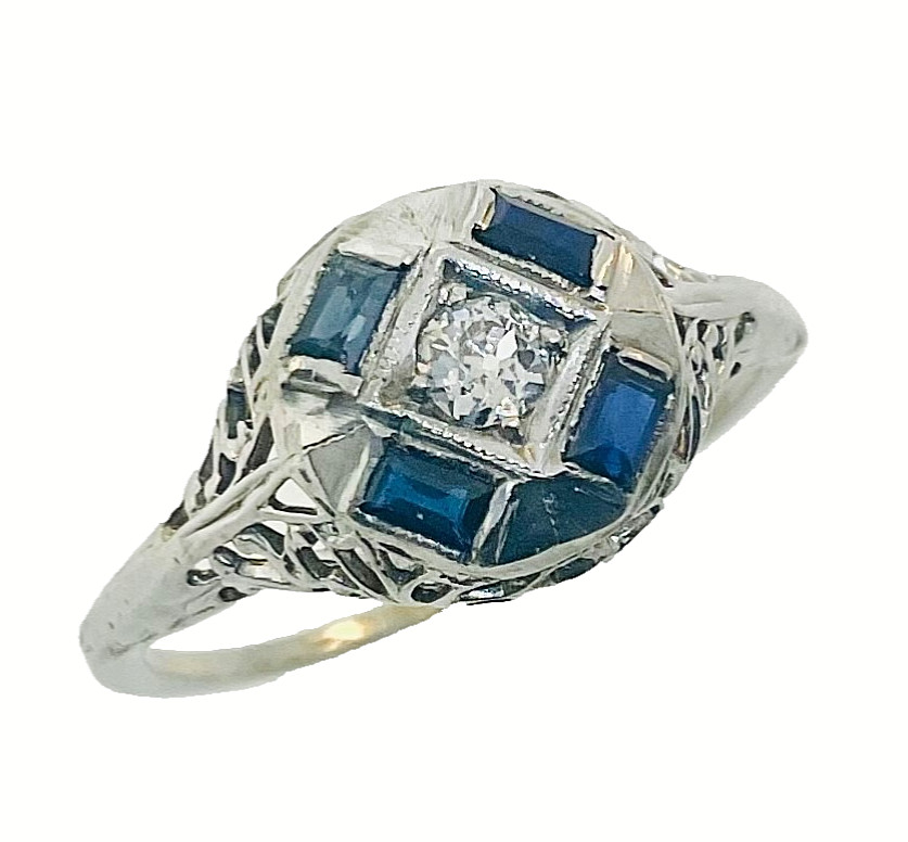 Antique 1920’s Art Deco 18k White Gold Diamond & Sapphire Engagement Ring