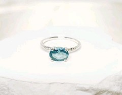 Sterling Silver Ring W Large Oval-cut Aquamarine Crystal & CZ Accents – Sz 8.75