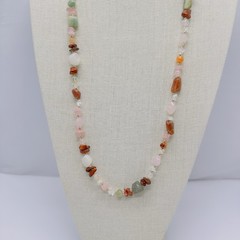 Vintage Beggars Bead Necklace Semi Precious Gemstones 31″ Pink Green Clear