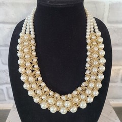 Vtg NY Company Faux Pearl Gold Tone Chain Collar Necklace Weave Triple Strand