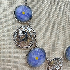 Vintage 90s Silver Tone Blue Flower Glass Cabochon Classic Fashion Jewelry Set