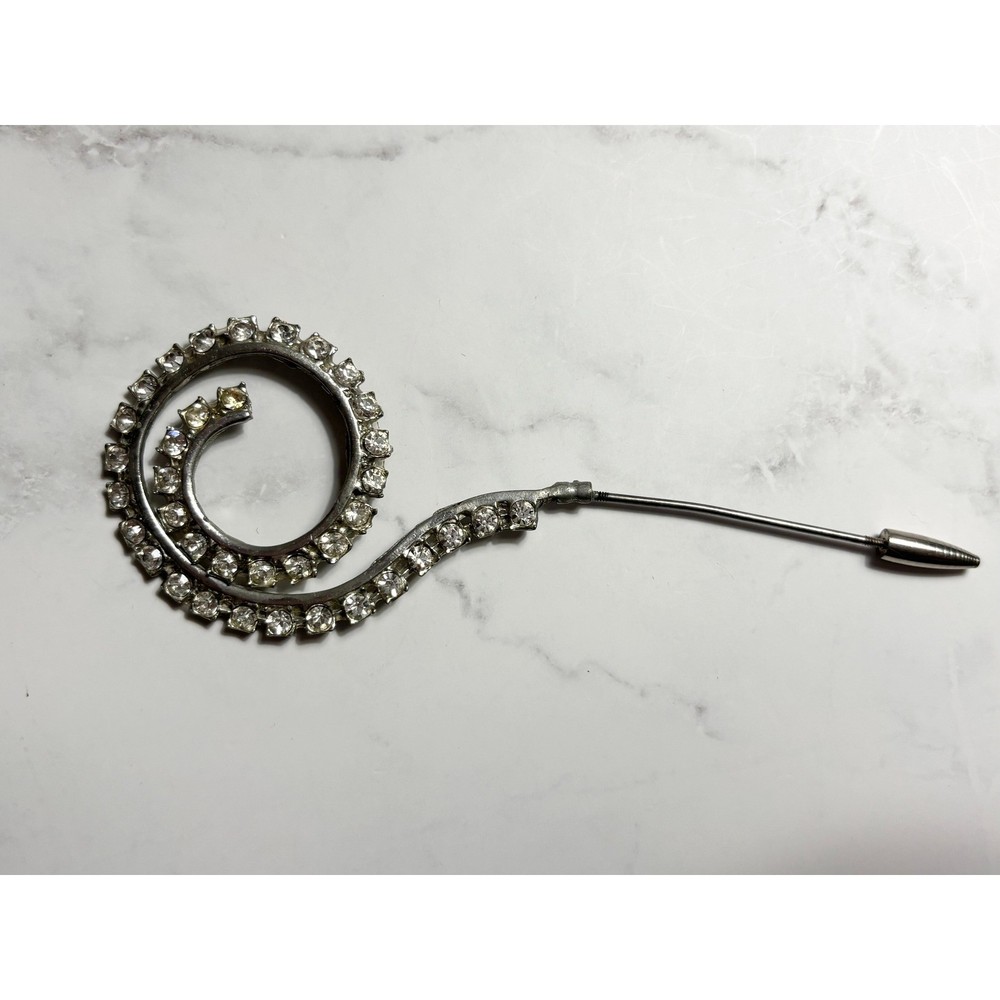 Vintage Clear Rhinestone Spiral Swirl Stick Pin Silver Tone Lapel Scarf Brooch