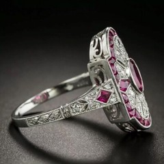 Art Deco Style 3CT Oval Cut Ruby & Lab Created Diamond Wedding 925 Silver Ring