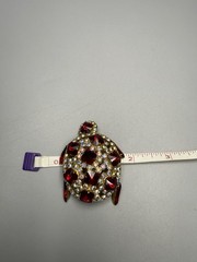 Brooch Turtle Figural Red Rivoli & Clear AB Rhinestone Large 2.25″ Vintage 1960s