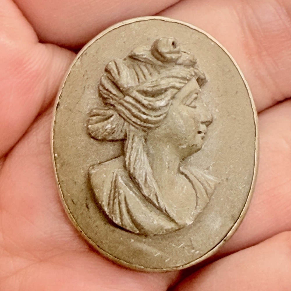 Vintage Victorian Italian Gray Lava Stone Cameo Brooch Pin High Relief Portrait