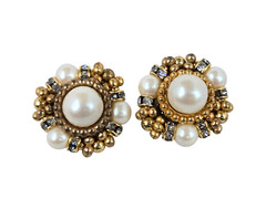 Vintage Strung Faux Pearl, Rhinestone Rondell and Gold Bead Cluster Clips
