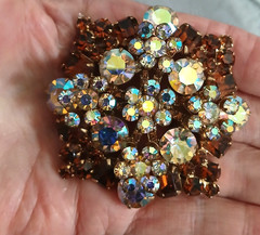 Vintage Juliana DE Topaz AB Crystal Rhinestone 5 link bracelet, brooch, earrings