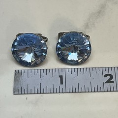 Vtg Weiss sky Blue Rivoli Rhinestone Silver-tone Earrings Clip On Round Bling!