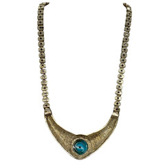 BIB 20” Necklace Silver Metal Bead Turquoise Plastic Stone Fashion Jewelry Gift